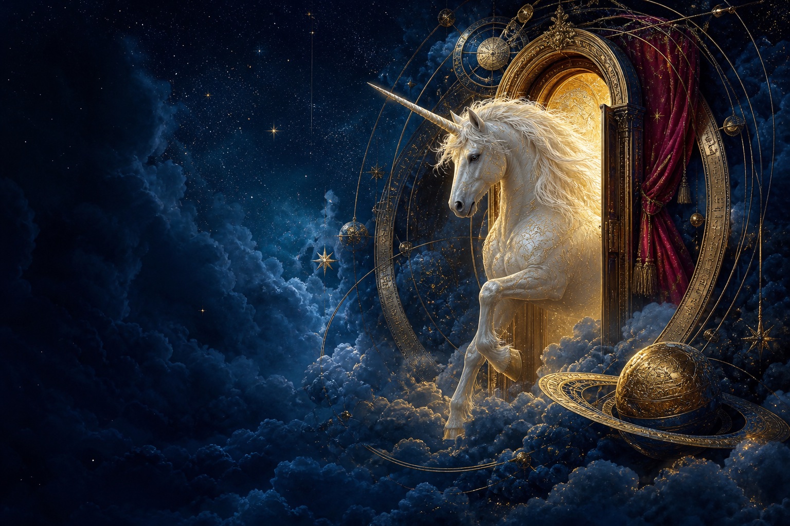 A luminous unicorn steps through a golden doorway into a theatre of clouds and constellations.